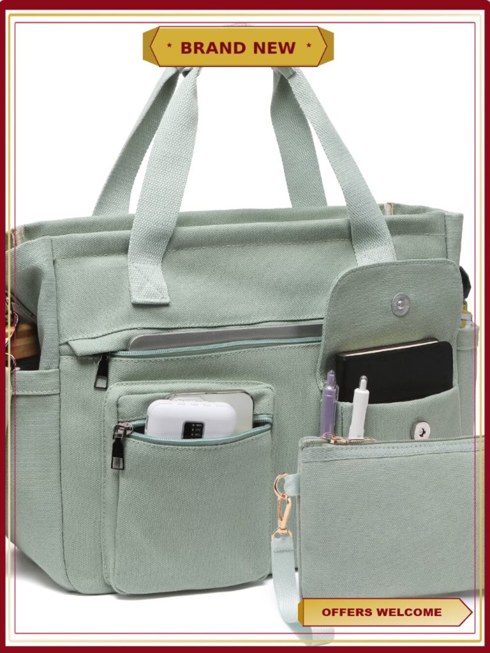 Large Canvas Tote Bag Set 2pcs Crossbody Shoulder Hobo Messenger Purse
